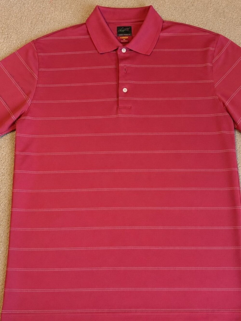 Greg Norman Polo Golf Shirt - Pink with white stripes - Large - Play Dry